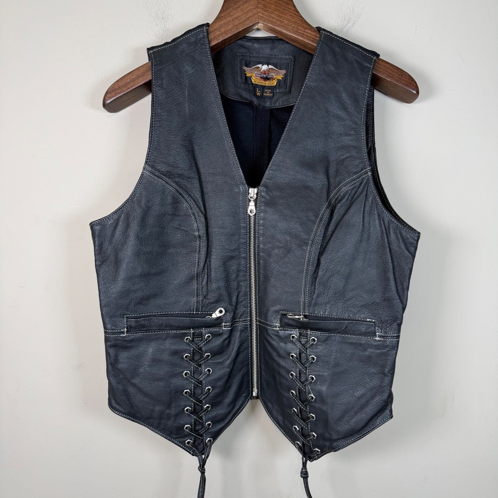 Harley Davidson Women Leather Lace Up Embroidered Vest Large